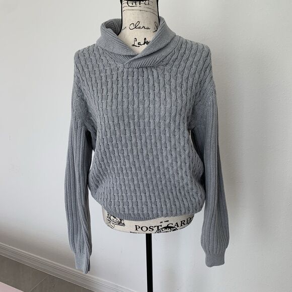 DKNY Gray Cowl Neck Cable Knit Sweater Size L 100% Cotton - Picture 1 of 6